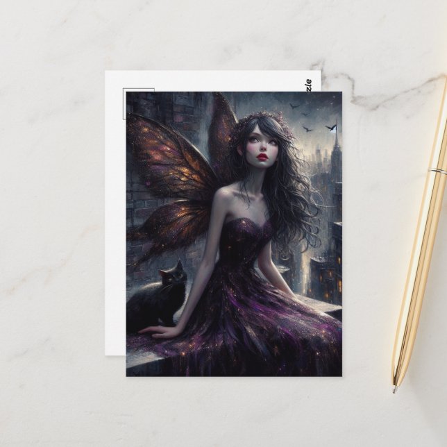 Nachtliche Aussicht auf die Stadt: Schwarze Katze  Postkarte (Vorderseite/Rückseite Beispiel)