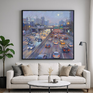 Nächtliche Verkehrsstaus - Stadtlandschaft im Past Poster