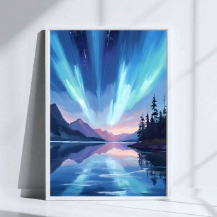 Nachtlicher Himmel mit Nordlicht-See-Reflexion Poster