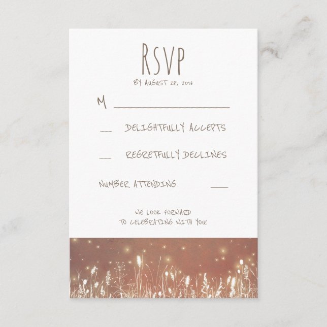Nachtlicht Glühwürmchen Rustikale Hochzeit RSVP Karte (Vorderseite)