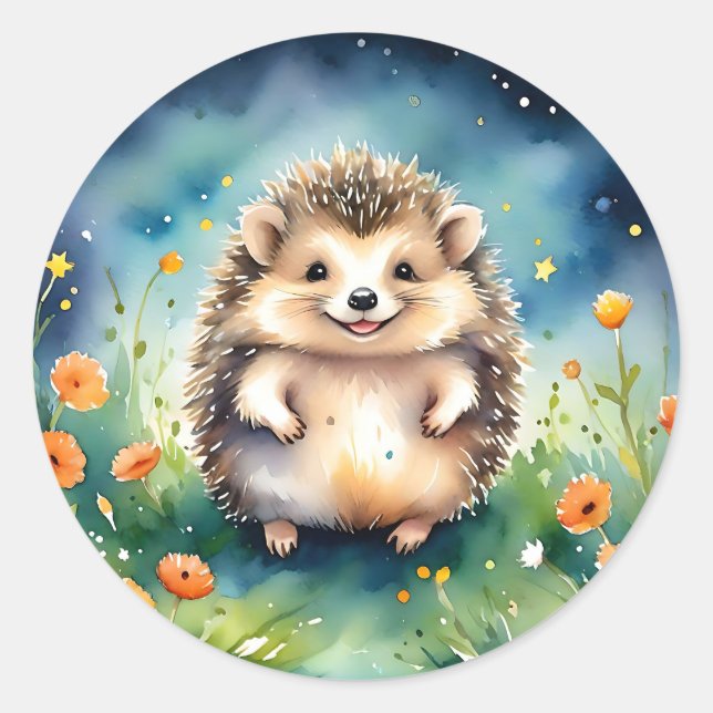 NachtNiedlicher Igel mit Blume Runder Aufkleber (Vorderseite)