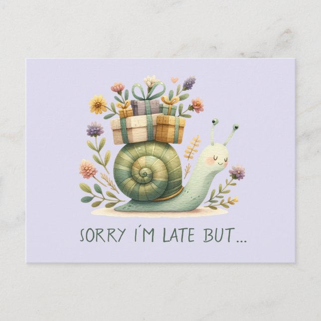 Nachträglich zum Geburtstag- Schnecke mit Geschenk Postkarte (Vorderseite)