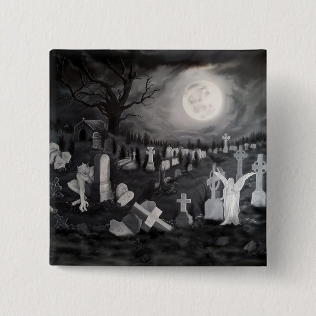 Nachts am Friedhof - Engel mit dem Teufel Button (Vorderseite)