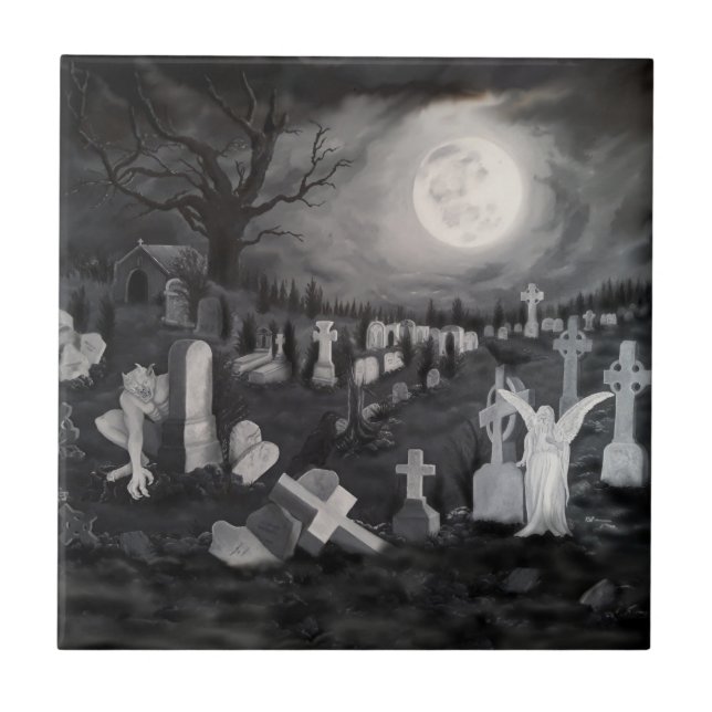 Nachts am Friedhof - Engel mit dem Teufel Fliese (Vorderseite)