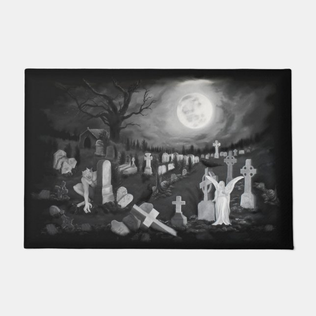 Nachts am Friedhof - Engel mit dem Teufel Fußmatte (Vorderseite)