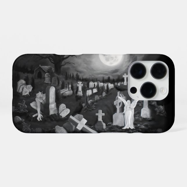 Nachts am Friedhof - Engel mit dem Teufel iPhone Hülle (Rückseite (Horizontal))