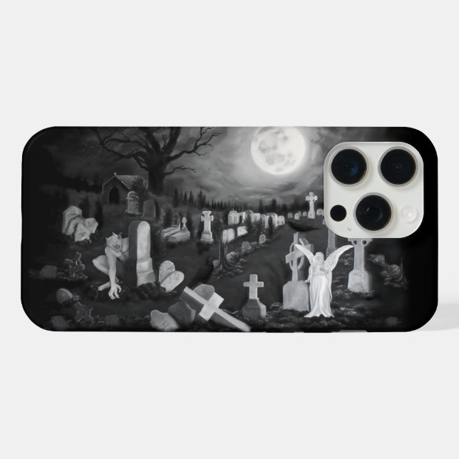 Nachts am Friedhof - Engel mit dem Teufel iPhone Hülle (Rückseite (Horizontal))