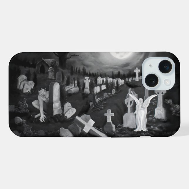 Nachts am Friedhof - Engel mit dem Teufel iPhone Hülle (Rückseite (Horizontal))
