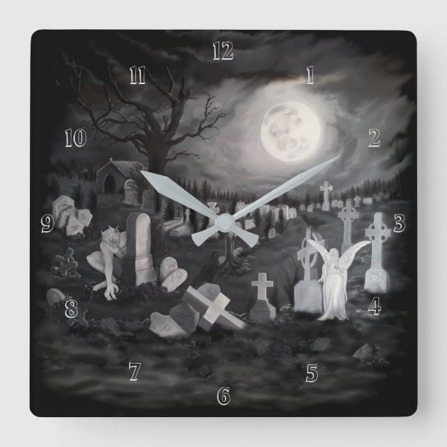 Nachts am Friedhof - Engel mit dem Teufel Quadratische Wanduhr (Vorderseite)