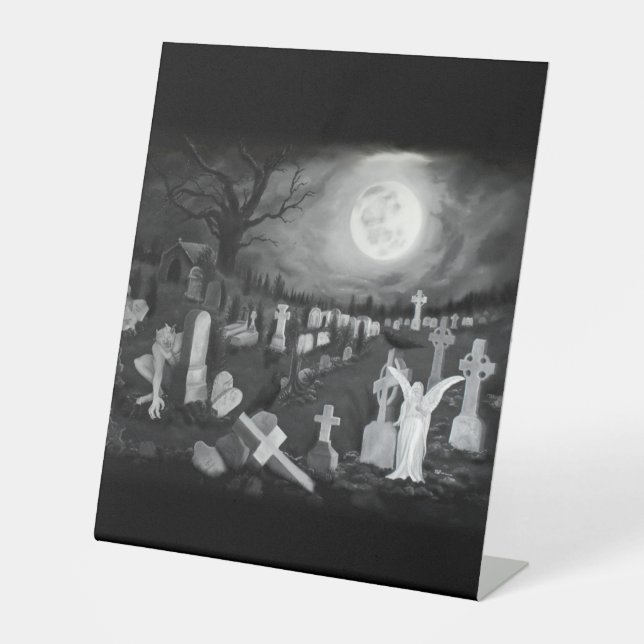 Nachts am Friedhof - Engel mit dem Teufel Sockelschild (Vorderseite)