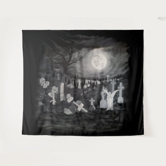 Nachts am Friedhof - Engel mit dem Teufel Wandteppich (Vorderseite (Horizontal))