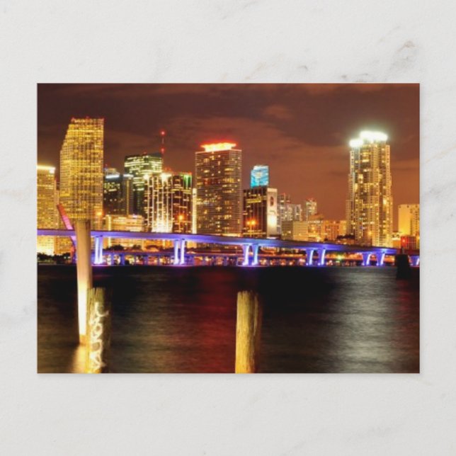 Nachts die Skyline von Miami, Florida Postkarte (Vorderseite)