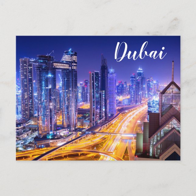 Nachts Skyline Dubai Vereinigte Arabische Emirate Postkarte (Vorderseite)