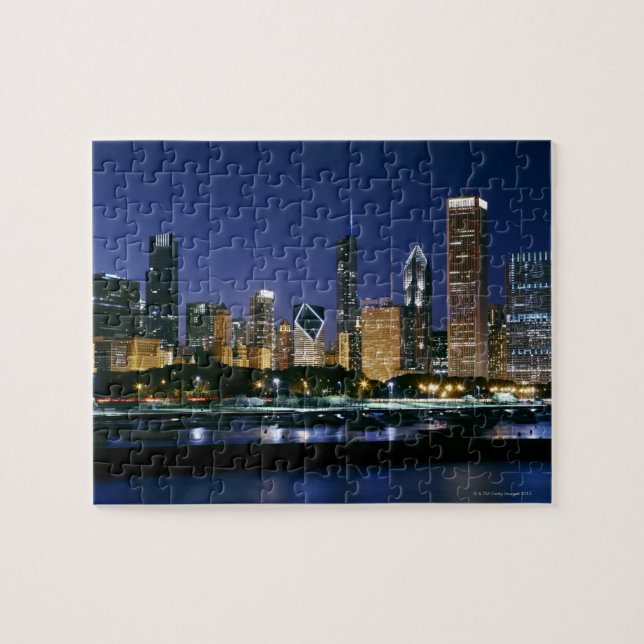 Nachts Skyline von Downtown Chicago Puzzle (Horizontal)