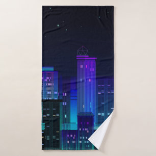 Nachtstadtpanorama mit Neonglühen auf dunklem Hint Badehandtuch