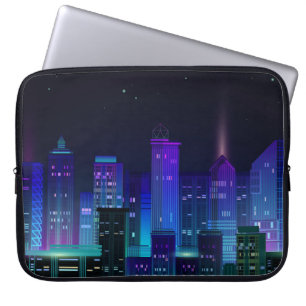 Nachtstadtpanorama mit Neonglühen auf dunklem Hint Laptopschutzhülle