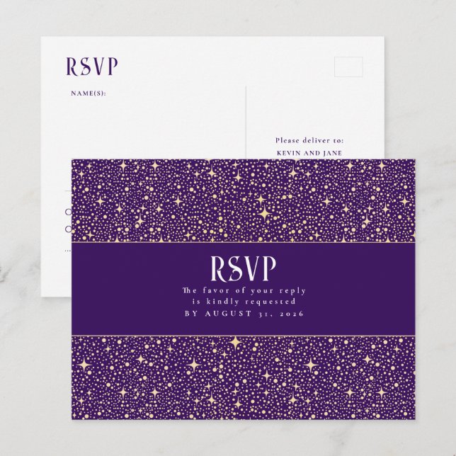 Nachtstars Lila Hochzeit RSVP Postkarte (Vorne/Hinten)
