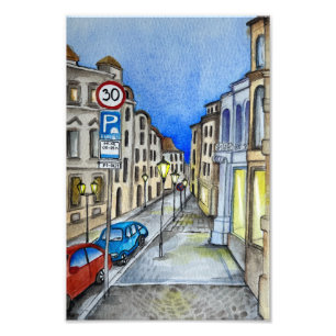 Nachtstraße von Prag, Aquarellbahn Fotodruck