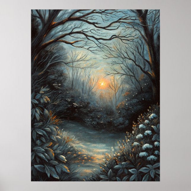 Nachtwald-Sonnenuntergangs-Fluss-Kunst Poster (Vorne)