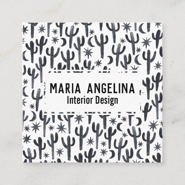 Nachtwüste Cactus Moon Stars Wasserfarbendesign Quadratische Visitenkarte (Vorderseite)
