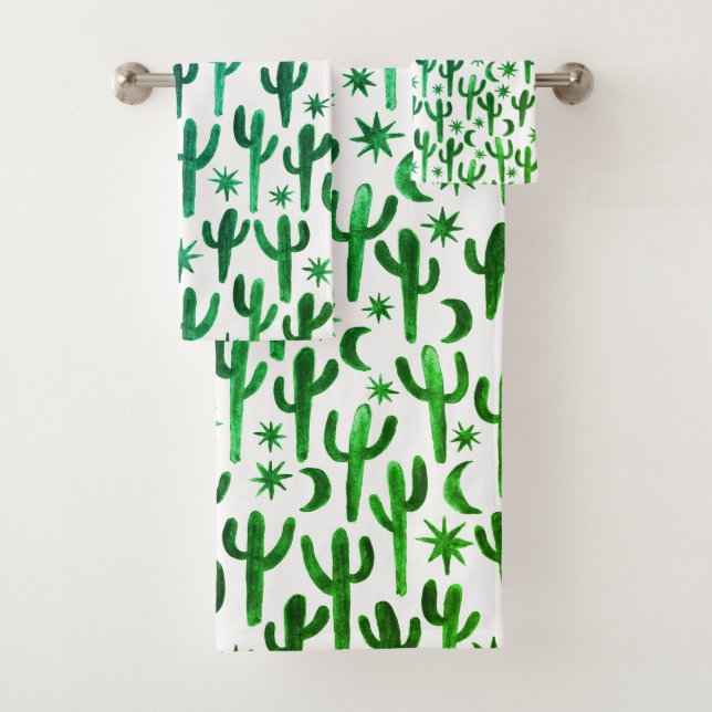 Nachtwüste Cactus Watercolor Muster Green Blue Badhandtuch Set (Insitu)