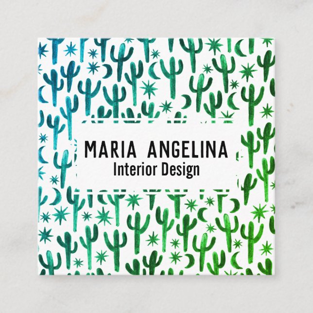 Nachtwüste Kaktus Moon Stars Wasserfarbe Grün Quadratische Visitenkarte (Vorderseite)