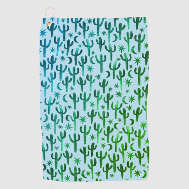 Nachtwüste Saguaro Cacti Watercolor Ombre Green Golfhandtuch (Vorderseite)