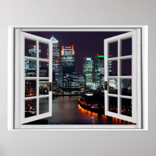 Nachtzeit-Stadt-Imitat-Fenster-Ansicht Poster