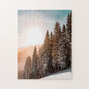 Nadelbaum Tanne Kiefern Schnee Wald Sonnenaufgang Puzzle