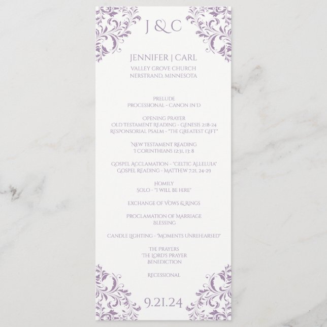 Nadine Wedding Program - Tea-length - Lavendel Programm (Vorderseite)