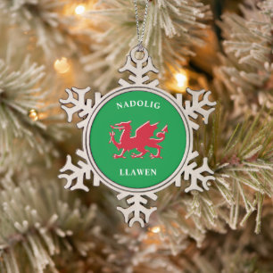 Nadolig Llawen Welsh Simple Celtic Frohe Weihnacht Schneeflocken Zinn-Ornament