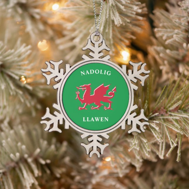 Nadolig Llawen Welsh Simple Celtic Frohe Weihnacht Schneeflocken Zinn-Ornament (Baum)