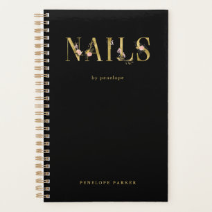 Nägel   Goldflorale Typografie in Schwarz Planer