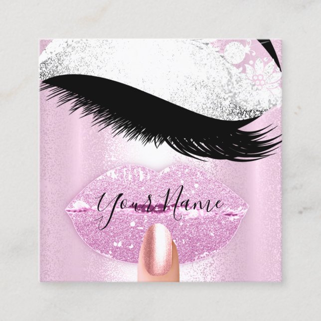 Nägel Makeup Boutique Rosa Silberkiss Lips Lashes Quadratische Visitenkarte (Vorderseite)