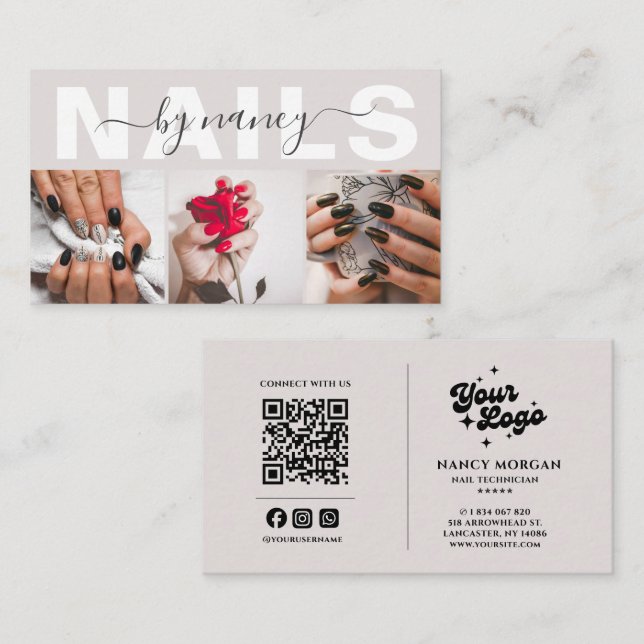 Nagel-Tech neutrales Beige 3-Foto-Raster-QR-Code  Visitenkarte (Vorne/Hinten)