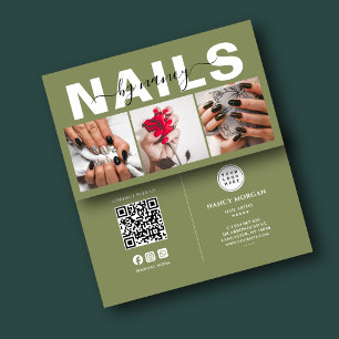 Nageldesignerin Olivgrün 3-Foto-Raster-QR-Code Visitenkarte