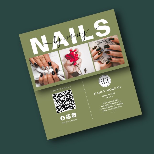 Nageldesignerin Olivgrün 3-Foto-Raster-QR-Code  Visitenkarte (Von Creator hochgeladen)