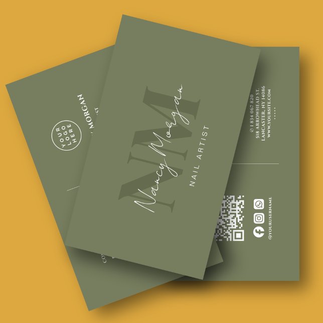 Nagelkünstler Dunkel-Salbei-Grün-Monogramm-QR-Code Visitenkarte (Von Creator hochgeladen)