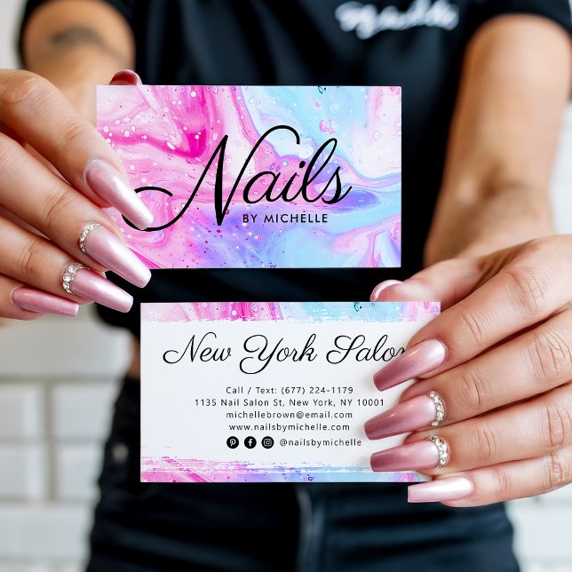 Nagellalon Pink Blue Girl abstrakte Aquarellkunst Visitenkarte (Nail salon pink blue girly abstract watercolor art)