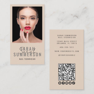 Nagelsalon QR-Code Foto Script Beige Visitenkarte