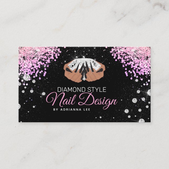 Nageltechniker Diamond Glitzer Pink & Black Salon Visitenkarte (Vorderseite)