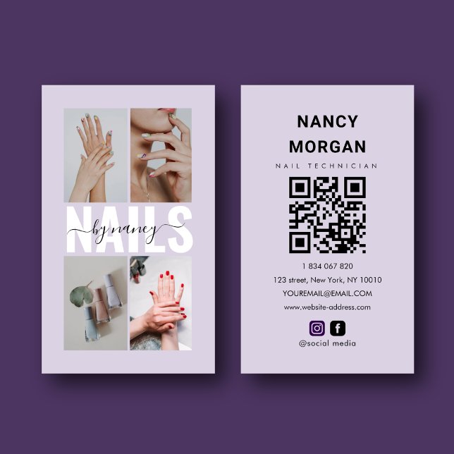 Nageltechniker Elegantes Foto-Collage QR-Code Visitenkarte (Von Creator hochgeladen)