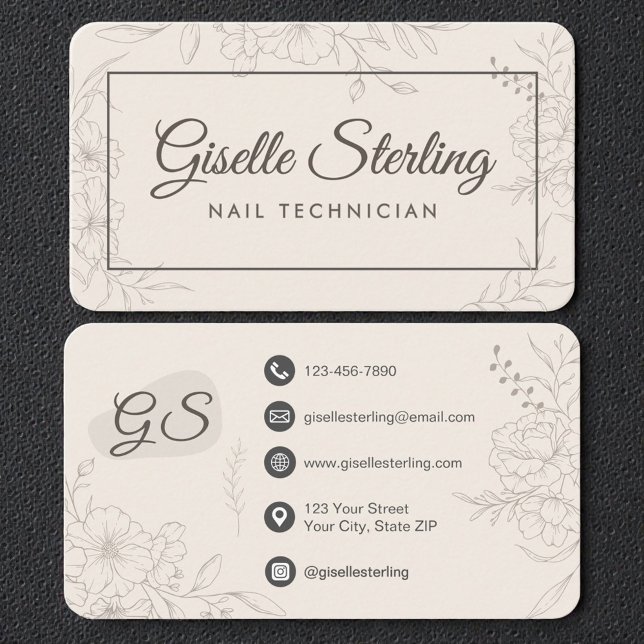 Nageltechniker Neutral Floral Visitenkarte (Von Creator hochgeladen)