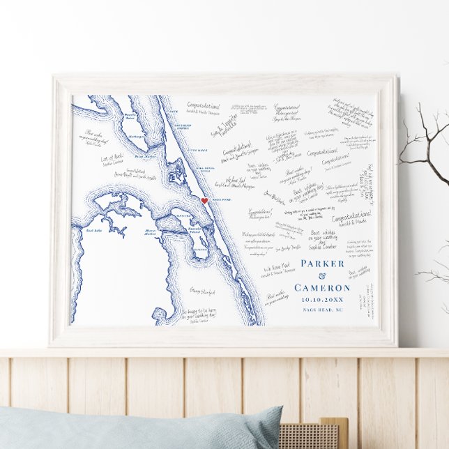 Nags Head NC Karte Elegant Wedding Guest Book Post Poster (Nags Head NC Map Alternative Guest Book Poster for an Outer Banks Beach Wedding in elegant navy blue)