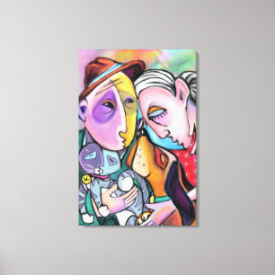 Nah-Strick-Familie - Kunststil - Original-Malerei Leinwanddruck