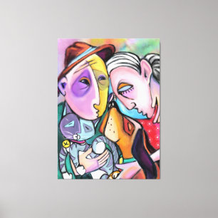 Nah-Strick-Familie - Kunststil - Original-Malerei Leinwanddruck