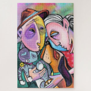 Nah-Strick-Familie - Kunststil - Original-Malerei Puzzle