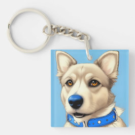 Nah-Up-Portrait eines Hundes mit blauem Collar Schlüsselanhänger