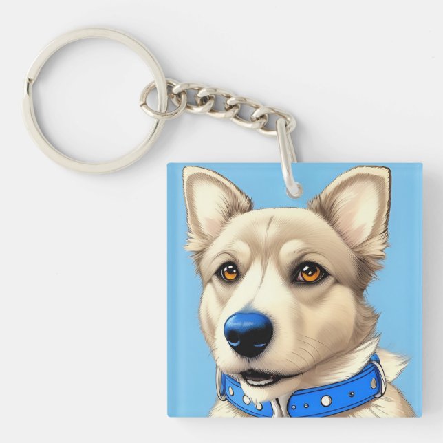 Nah-Up-Portrait eines Hundes mit blauem Collar Schlüsselanhänger (Vorderseite)