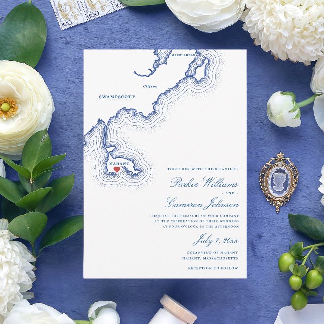 Nahant MA Map Elegant Navy Blue Wedding Einladung (Nahant MA Map Wedding Invitation for an elegant Navy Blue New England destination wedding)